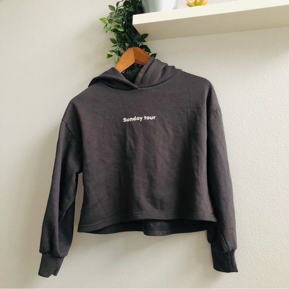 Zara Girls’ Graphic Dark Gray Boxy Crop Sweatshirt Hoodie size 11/12 Sunday Tour - Picture 2 of 5